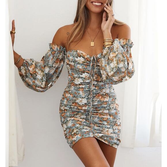 Hello Molly Basque Country Sage Long Sleeve Ruched Bodycon Mini Dress Size US 2 - Picture 1 of 10